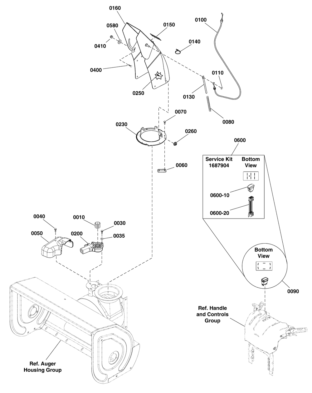 Chute And Rotation Group Diagram and Parts List for 1696043-LP37057-1028E 2011 Briggs and Stratton Snow Blower